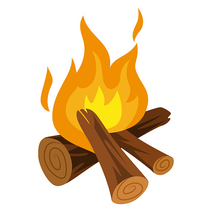 Camping hot bonfire with burning fire flame and wood timber isometric vector illustration. Campfire flammable glowing heat blaze explosion yellow and orange fireplace natural energy with sparks