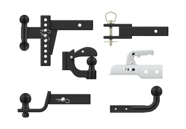 Vector illustration of Trailer coupling mechanism for cargo transportation caravan vehicle set realistic vector