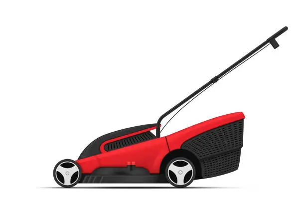 Vector illustration of Lawn mower red gardening grass cutter machine with handle side view realistic vector illustration