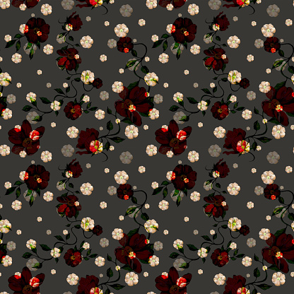 floral seamless pattern on a black background. flowers, rosehip leaves. handmade watercolor illustration. for the design of textiles, wrapping paper, postcards