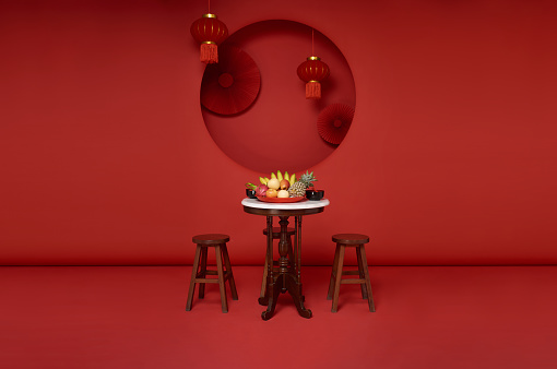 Chinese new year 2024 festival table on red decoration background. Traditional lunar new year food.