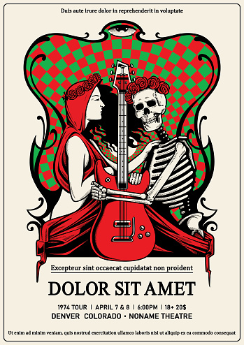 Rock poster of death, beauty, and guitar in classic vintage psychedelic  style