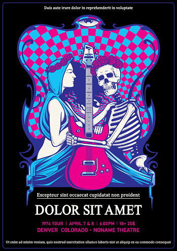 Rock poster of death, beauty, and guitar in classic vintage psychedelic  style