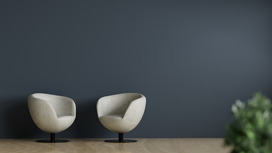 Elegant Modern Chairs Against Dark Wall. Interior Design 3D rendering