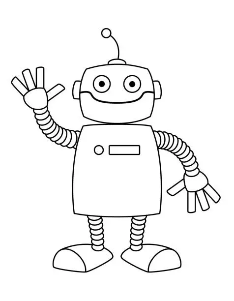 Vector illustration of robot, black and white vector cartoon illustration of humanoid robot with waving hand, isolated on white