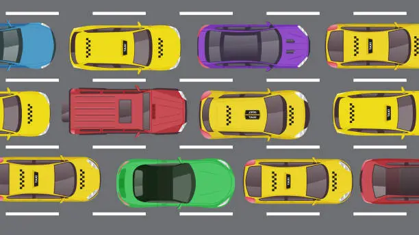 Vector illustration of top view flat cartoon of yellow taxi transport car on traffic jam road