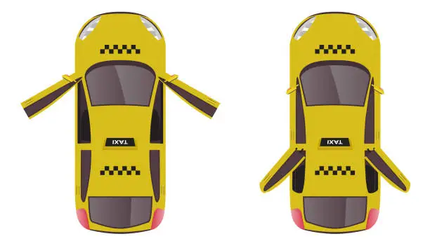 Vector illustration of top view flat cartoon of yellow taxi transport car vehicle with door open