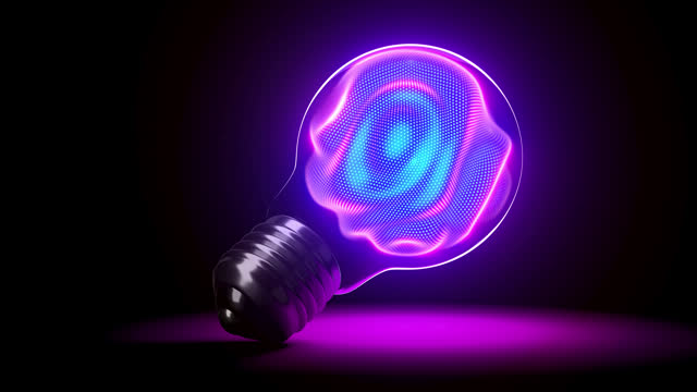 Neon glow of neon 3D sphere with moving waving pixelated surface inside the light bulb. Abstract concept of artificial intelligence (AI), machine learning thinking.