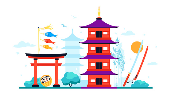 Land of the Rising Sun - modern colored vector illustration with sights of Kyoto. Torii gate, shinto shrines, daruma doll, Koinobori, katana. Capital of Japan, national treasure and tourism idea