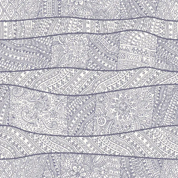 Vector illustration of Vector doodle patchwork, seamless pattern from indigo blue and light beige hand drawn ornaments and stripes