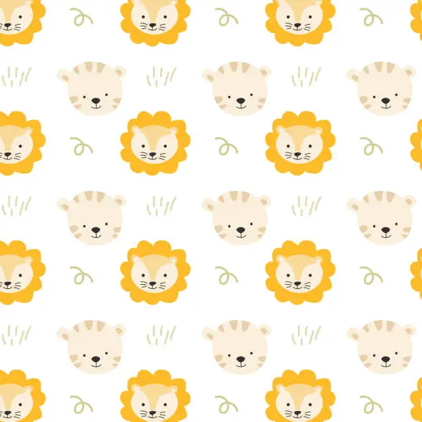 Vector illustration of cute lion and tiger faces - seamless background