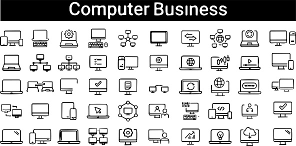 Devices network line icons set. PC, laptop, computer, smartphone, desktop, office copy machine. Data exchange connection vector illustrations. Outline minimal signs for electronic store