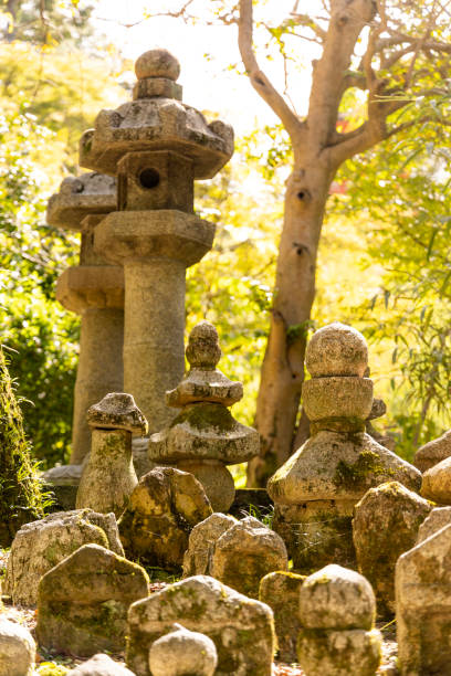 Kyoto, Japan - October 10, 2023: A view across a typical Japanese Buddhist cemetery with golden hour sunlight glancing off the  gravestones on the grounds of the Kiyomizu-dera temple.