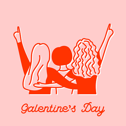 Galentine's Day handwritten calligraphy, slumber party, pink and red combo, hand drawn vector illustration