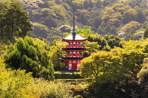 Kyoto, Japan - October 10th, 2023: Beautiful famous three story Koyasu Pagoda on the Kiyomizu-dera temple grounds surrounded by green forest in autumn.