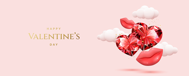 Romantic Valentine's Day background with red diamond pair of hearts, lips and clouds.