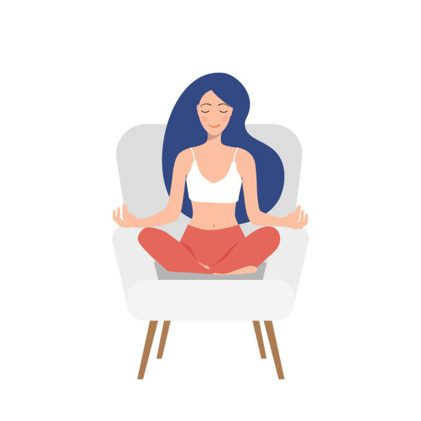 Girl meditates sitting on a chair. Mental health peace of mind concept Girl meditates sitting on a chair. Mental health peace of mind concept. mind and emotions, the girl sits in the lotus position vector, the inception and the search for ideas woman sitting cross legged in chair stock illustrations