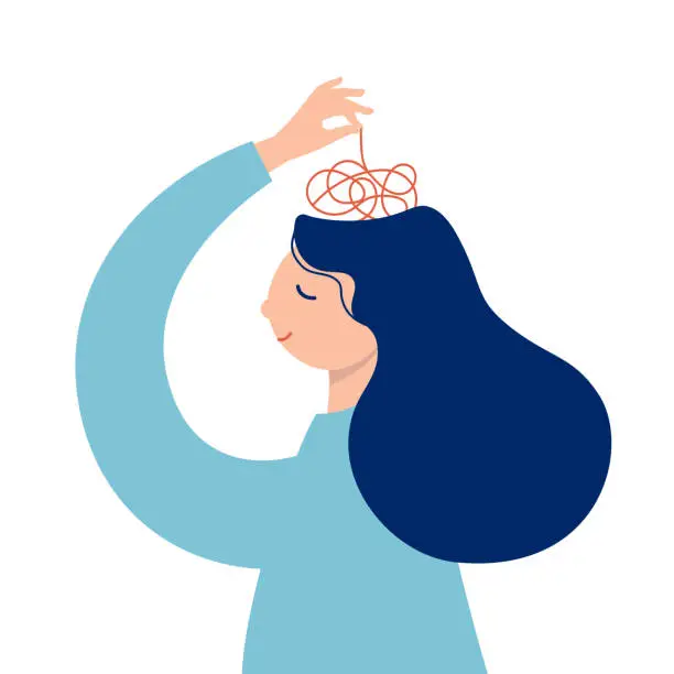 Vector illustration of portrait of a girl with a tangled ball of thoughts on a beige background. world mental health day