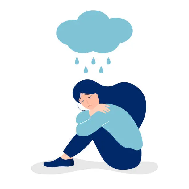 Vector illustration of sad depressed girl sitting under a cloud with rain on a white background