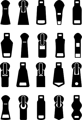 Set of different zippers. zipper pullers vector illustration zip heads, zipper slider flat sketch collection