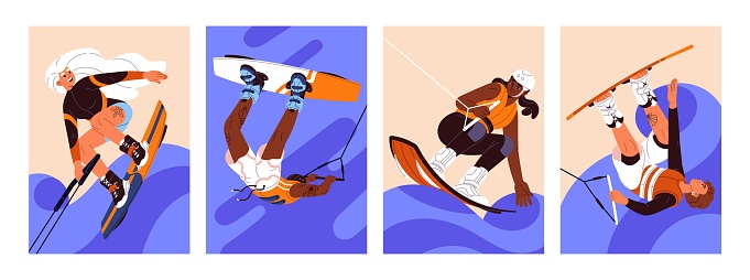 Wakeboarding set. People kitesurfing, go extreme water sport, do stunts. Characters ride on board with foot bindings, surfing towed by rope on ocean. Active hobby outdoors. Flat vector illustrations.