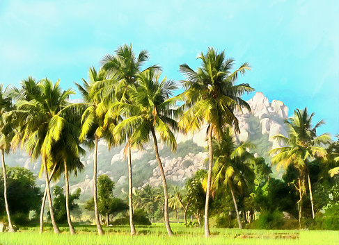 Watercolor mountain landscape. Beautiful palm trees. India, Tamil Nadu. Travel and vacation concept. Digital painting - illustration. Watercolor drawing.