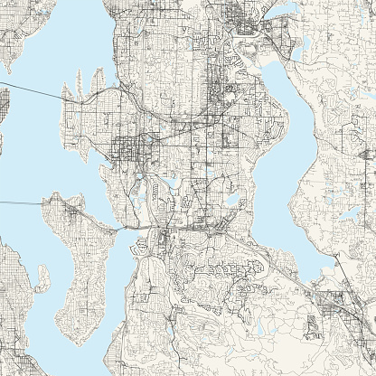 Topographic / Road map of Bellevue, WA. Map data is public domain via census.gov. All maps are layered and easy to edit. Roads are editable stroke.
