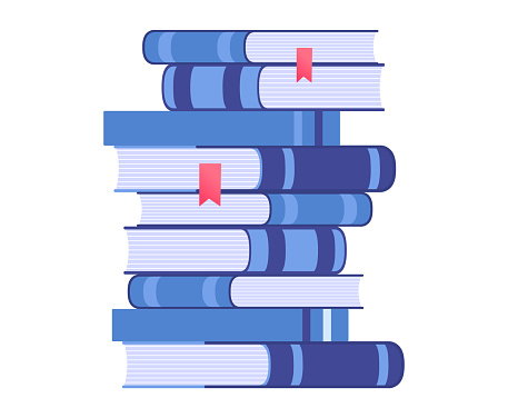 Stack of blue books with bookmarks education concept. Pile of literature for reading hobby. Knowledge and library theme vector illustration.