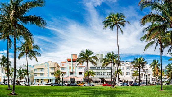 Miami Beach, Florida, USA cityscape with art deco buildings on Ocean Drive.