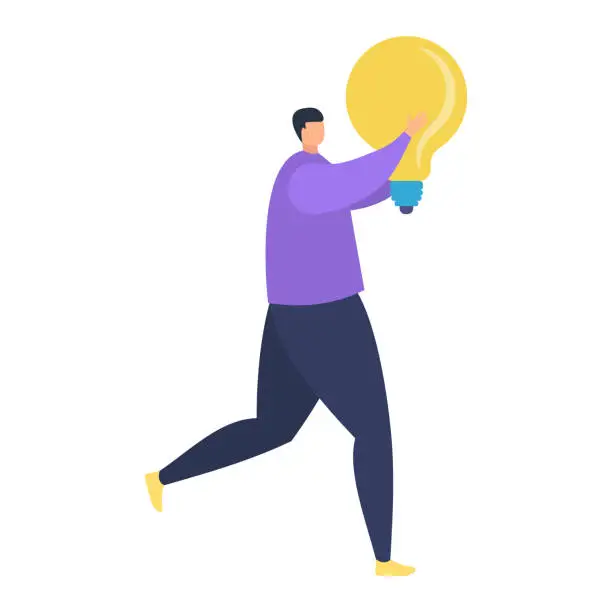 Vector illustration of Man holding a large light bulb, symbolizing a big idea or innovation. Male character showcasing creativity and inspiration vector illustration