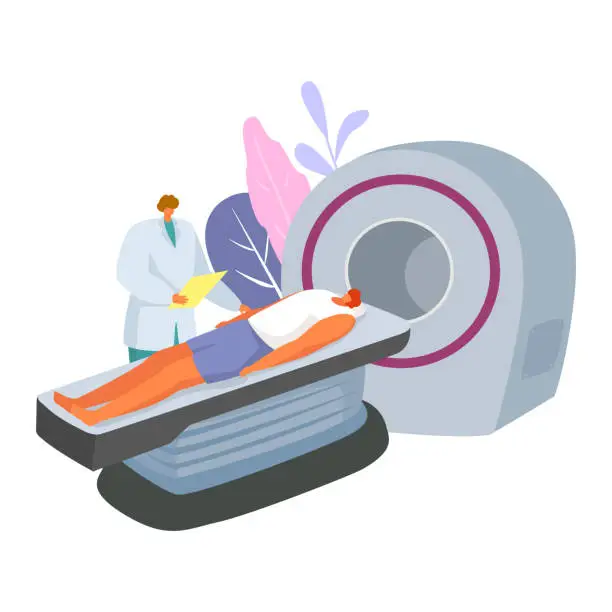 Vector illustration of Patient undergoing MRI scan with doctor monitoring. Medical examination with magnetic resonance imaging technology. Modern healthcare and diagnostics vector illustration