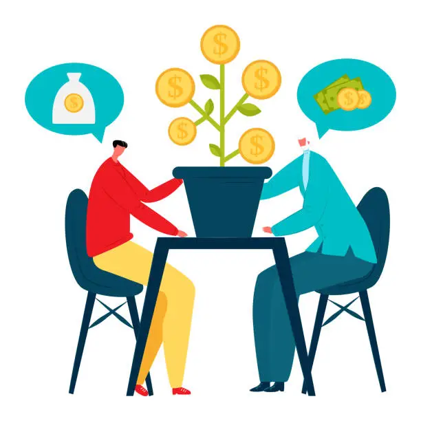 Vector illustration of Two businessmen discussing investments as money tree grows from pot. Partnership and growth in finance. Investment strategy and business development vector illustration