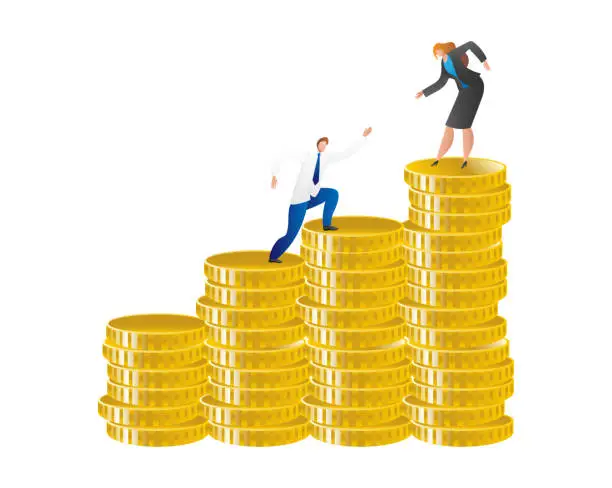 Vector illustration of Businessman and businesswoman climbing coin stacks. Female executive reaches the top while male colleague follows. Financial success and career growth vector illustration