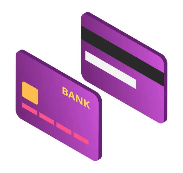 Vector illustration of Two purple credit or debit cards with chip and magnetic stripe. Floating isometric bank cards design. Digital payment methods vector illustration