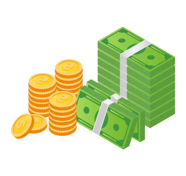 Vector illustration of Stacks of green money bills alongside gold coins. Financial success and savings concept. Wealth accumulation and bank savings vector illustration