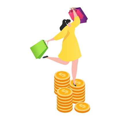 Woman in yellow dress standing on money coins stack holding shopping bags. Consumerism concept and financial success. Wealth and shopping happiness vector illustration.