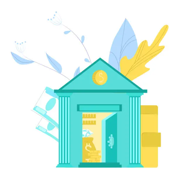 Vector illustration of Illustration of bank building with currency symbols and coins. Financial institution with floral elements, money bank. Savings and investment vector illustration