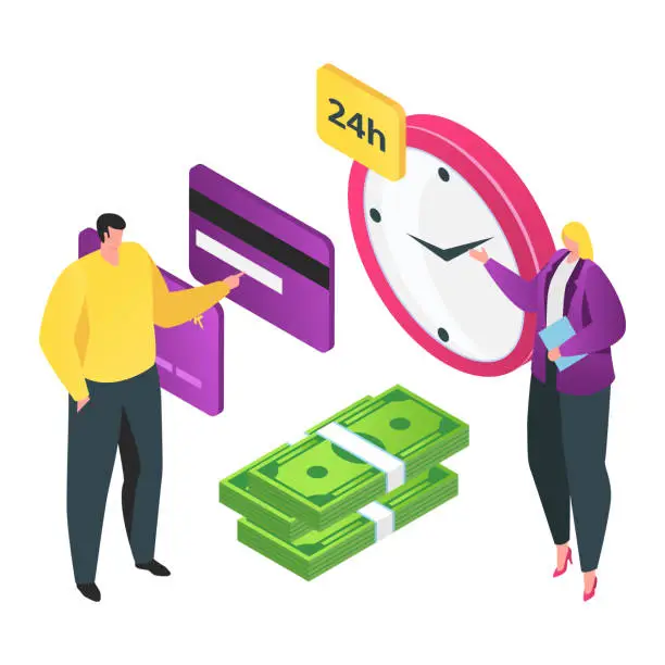 Vector illustration of Man holding credit card and woman with notebook near large clock and cash. Finance management, banking services, and time is money concept vector illustration