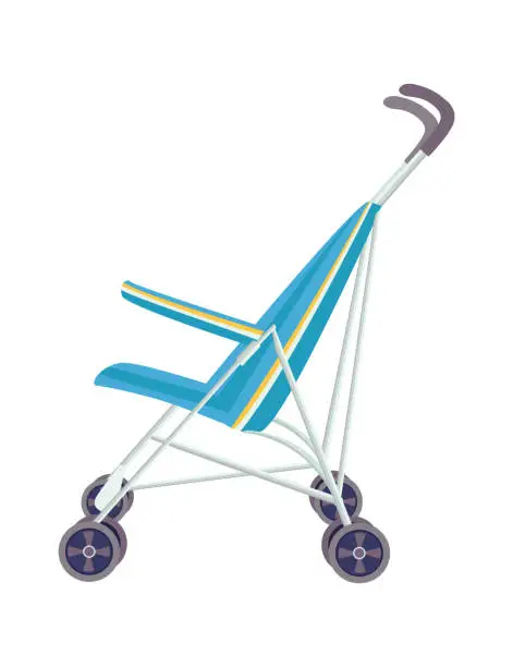 Vector illustration of Blue and yellow empty baby stroller isolated on white. Modern pram design, baby transport. Parenthood essentials vector illustration