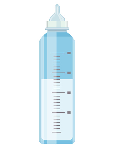 Blue baby feeding bottle with measurements. Baby nutrition and infant formula feeding vector illustration.