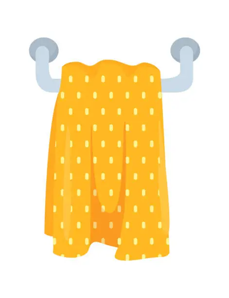 Vector illustration of Yellow polka dot towel hanging on a hook. Illustration of a dotted bath towel on a wall. Bathroom accessories and home comfort vector illustration