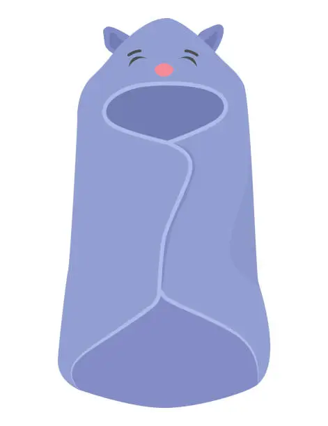 Vector illustration of Cute blue cartoon hippo sleeping bag for kids, happy cozy sleepwear design. Comfortable children's bedroom accessory, playful animal theme vector illustration