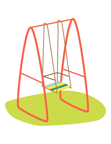 Red and yellow swing set on green ground, simple playground equipment vector illustration. Childhood fun and outdoor play concept.