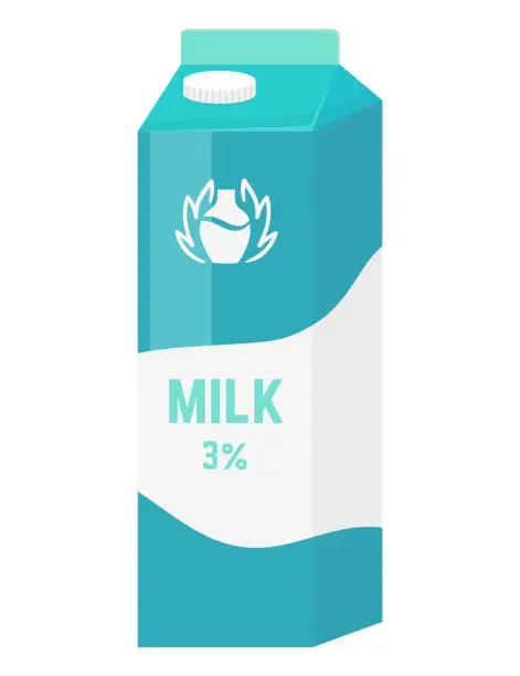 Vector illustration of Blue and white milk carton with label showing 3 and a milk splash icon. Dairy packaging design concept. Realistic product container vector illustration