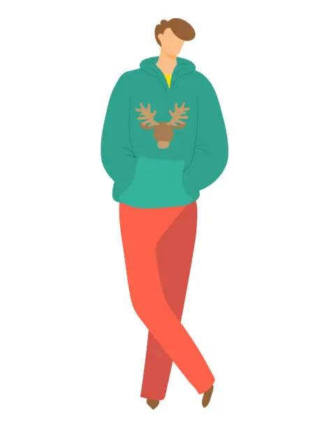 Vector illustration of Young man walking casually wearing a hoodie with reindeer design. Modern casual outfit, winter fashion vector illustration