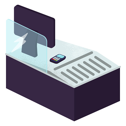 Cashier counter with protective glass shield and card payment terminal. Contactless payment at modern store checkout vector illustration