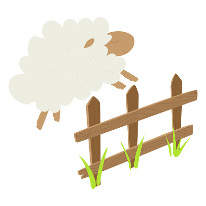 Jumping cartoon sheep over fence, brown wooden fence, green grass, fluffy white cloud sheep asleep. Cute animal jumping, bedtime concept. Vector illustration