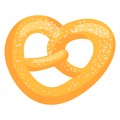 Golden pretzel with salt sprinkles on white background. Tasty snack and bakery concept vector illustration.