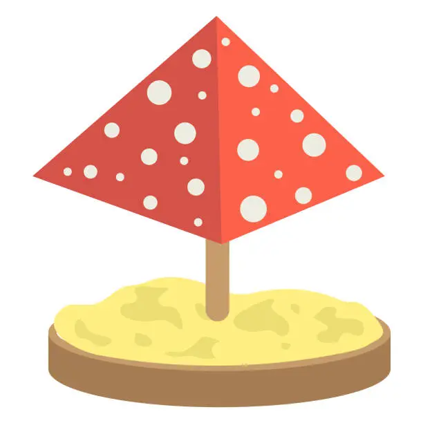 Vector illustration of Red and white polka dot beach umbrella on sand base. Summer vacation and beach getaway vector illustration