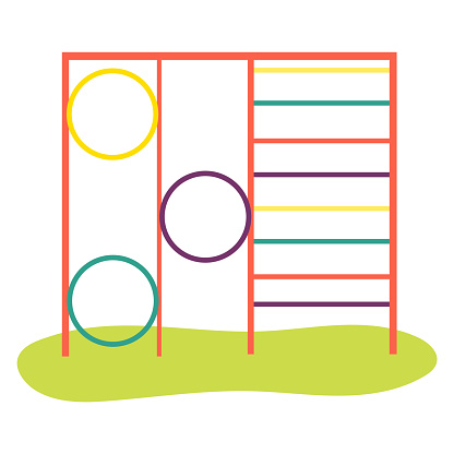 Children's playground equipment with colorful circles and ladder. Flat style playground structure design. Outdoor play area elements vector illustration.